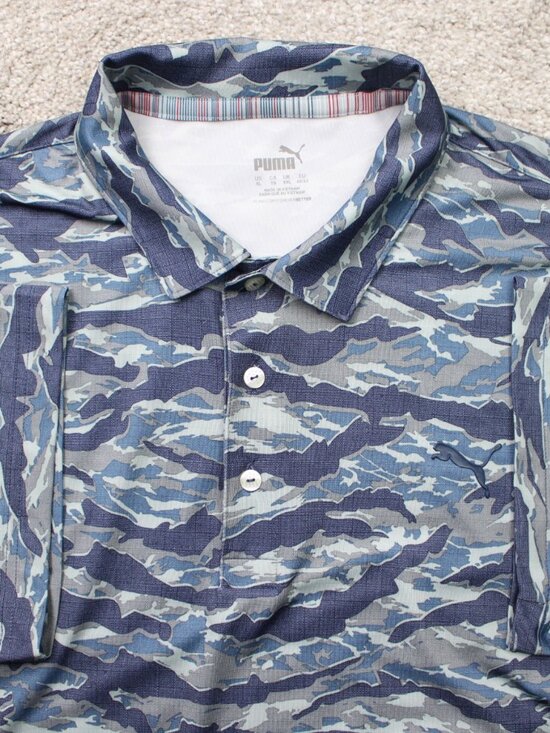 Puma Volition Polo Shirt Mens XL Blue Camo Short Sleeve Golf Stretch Pullover - Picture 1 of 15